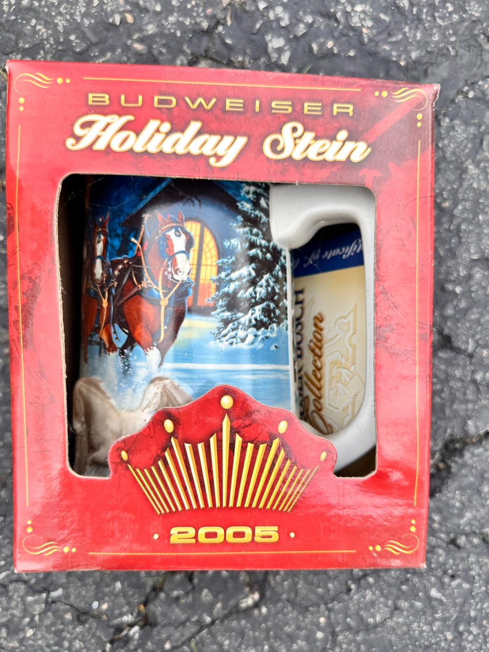 Budweiser Red and Blue Holiday Stein with Festive Horse Artwork